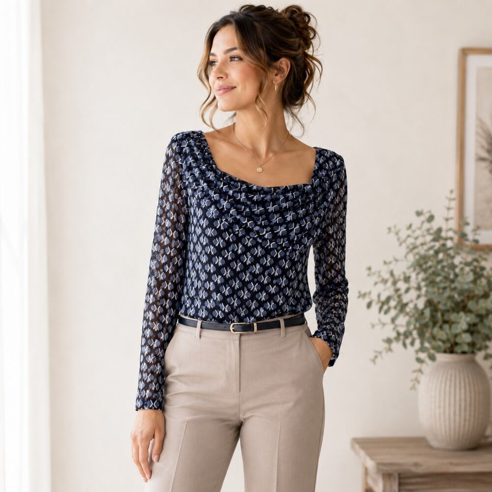 ELLA Raffella Asymmetrical-Neck Mesh Blouse Women's Size MP Blue Business Casual